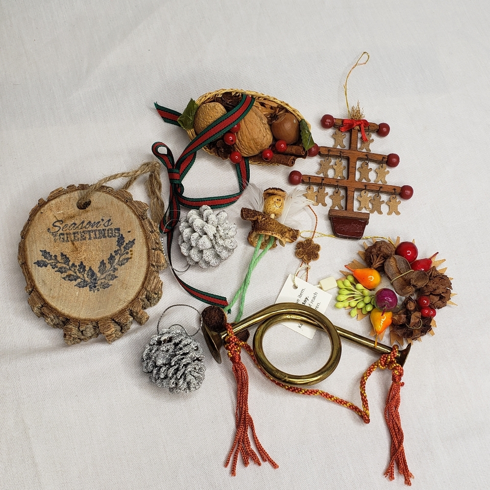 Vintage Forest Christmas Ornaments Spices Nuts Vintage Brass Horn Pine Cones